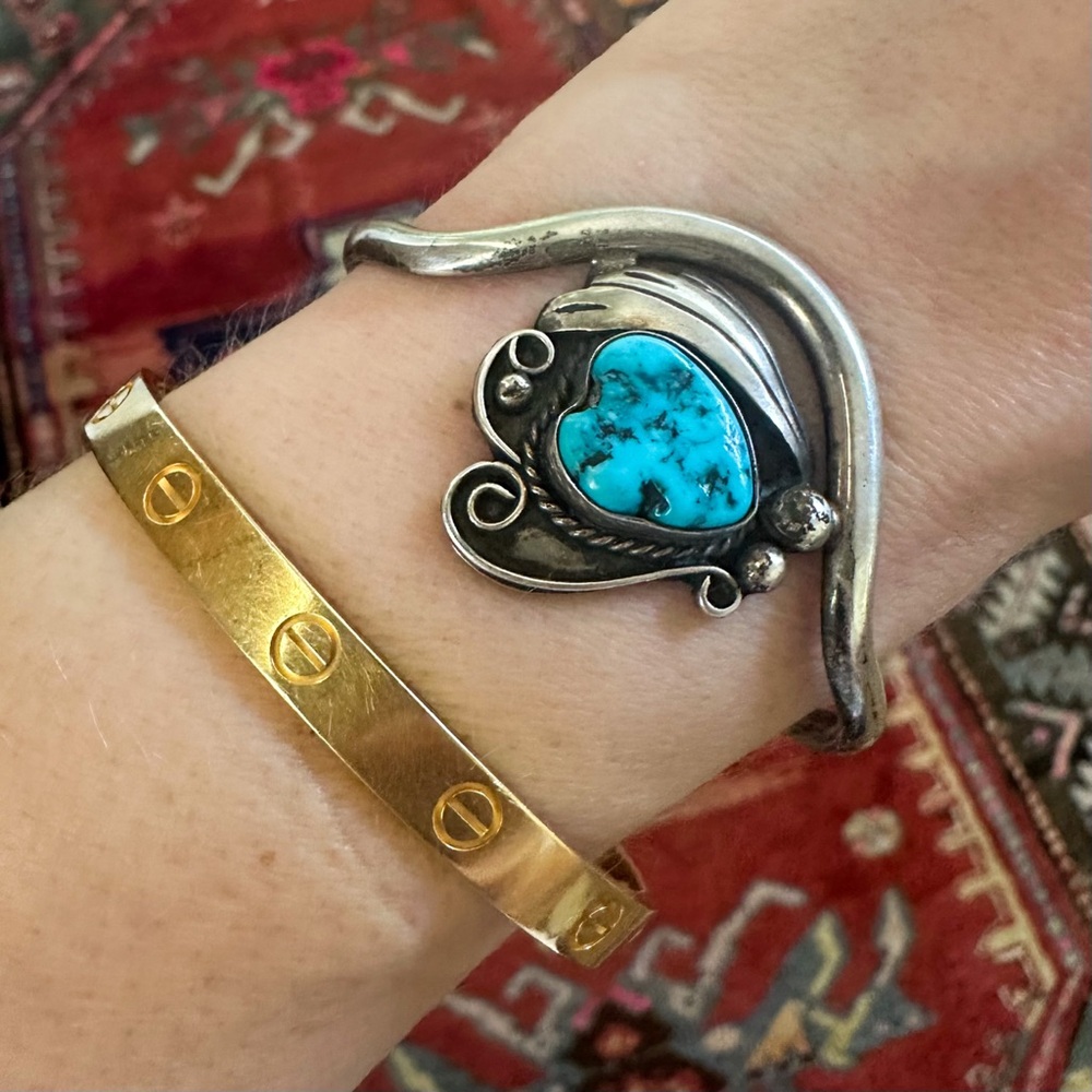 Vintage Sterling Silver Heart-Shaped Turquoise Sweater Cuff Bracelet